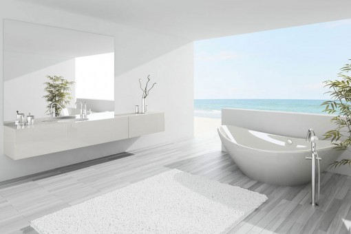 Modernes Badezimmer mit Meeresausblick