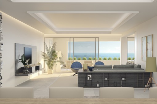 Brandneues, atemberaubendes Apartment am Strand in der mittleren Etage mit Panoramablick